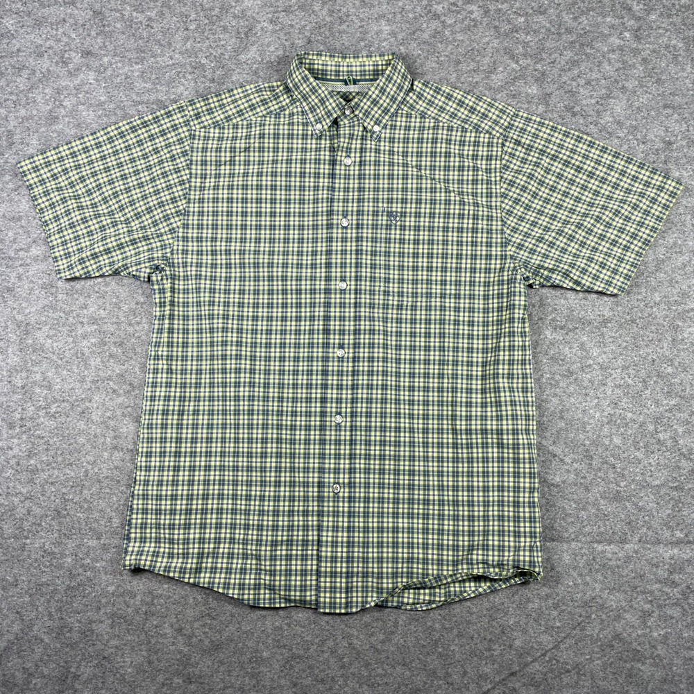 Ariat Button Down Shirt Mens Medium Blue Yellow Pro Series Plaid Short Sleeve